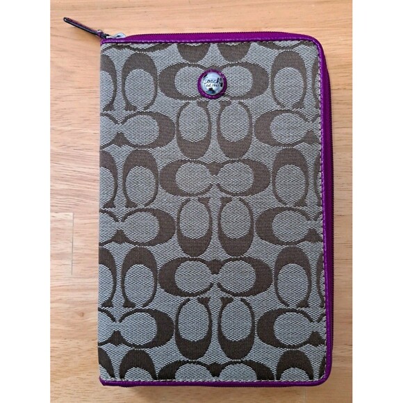Coach Handbags - Coach Signature Tablet Cover Case Khaki with Purple Patent Trim